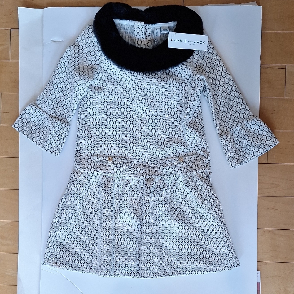 Janie and Jack Monochrome Dress with Faux Fur Collar
